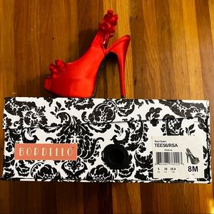 Bordello Pleaser Red Satin Platform Peep Toe w/Sling Back & Ruffles on Both.